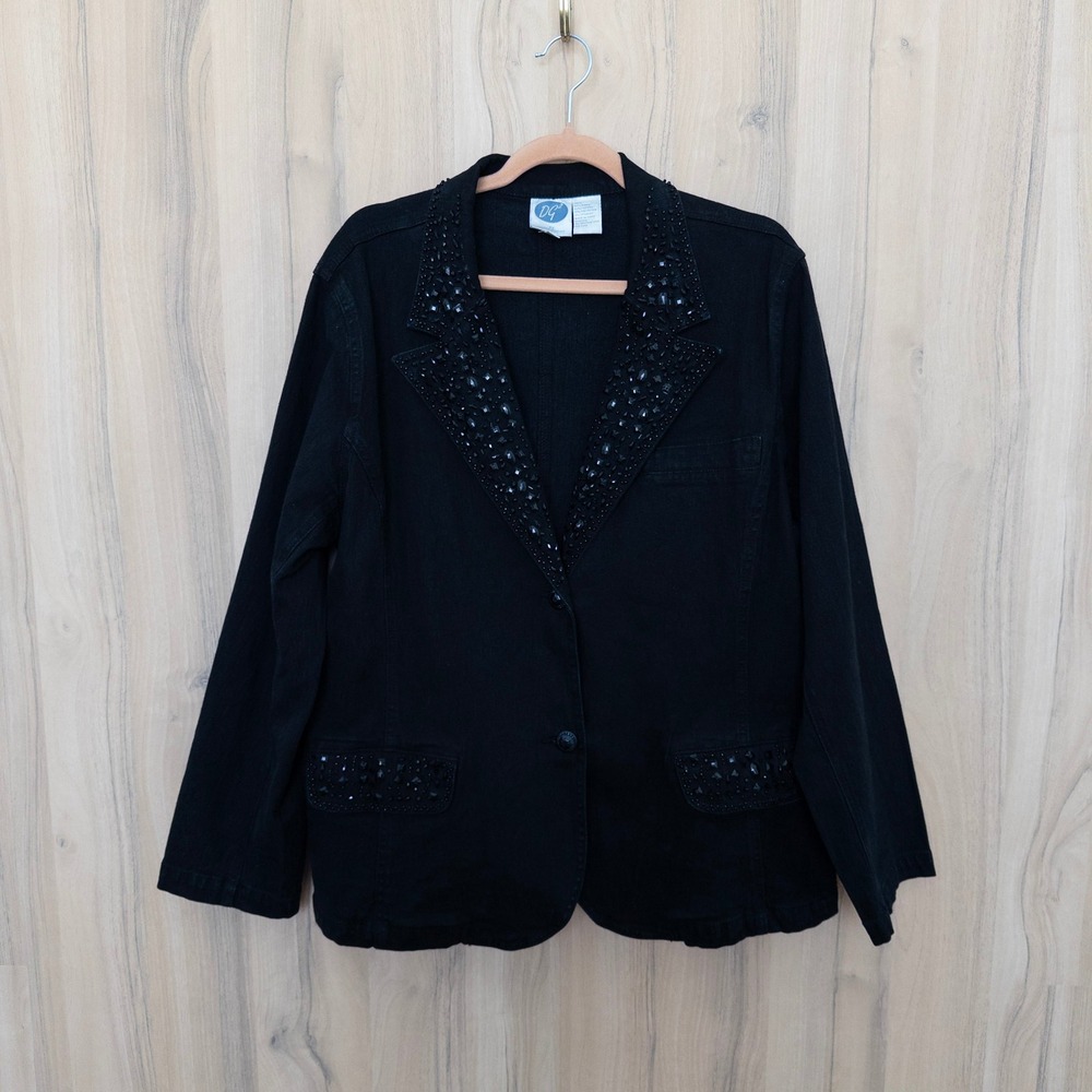 DG2 Diane Gilman Womens Beaded Denim Blazer 1X Black Rhinestone Denim Western